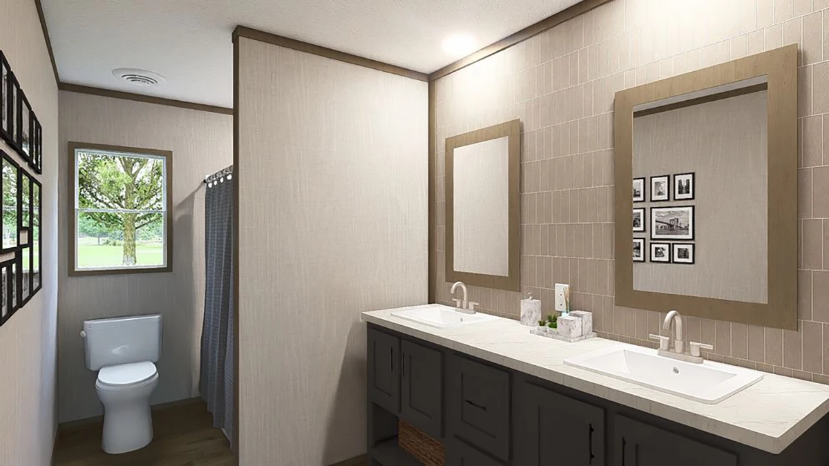 Modern bathroom with double sinks, two mirrors, dark cabinets, a separate toilet area with a window, and a shower with a gray curtain.