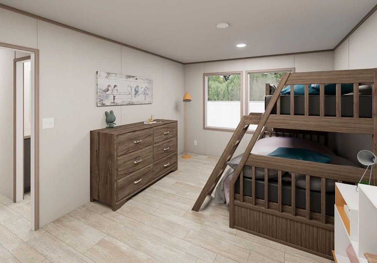 A bedroom with a wooden bunk bed, dresser, floor lamp, wall art, and a window showing outdoor greenery. The room has light-colored walls and tiled flooring.