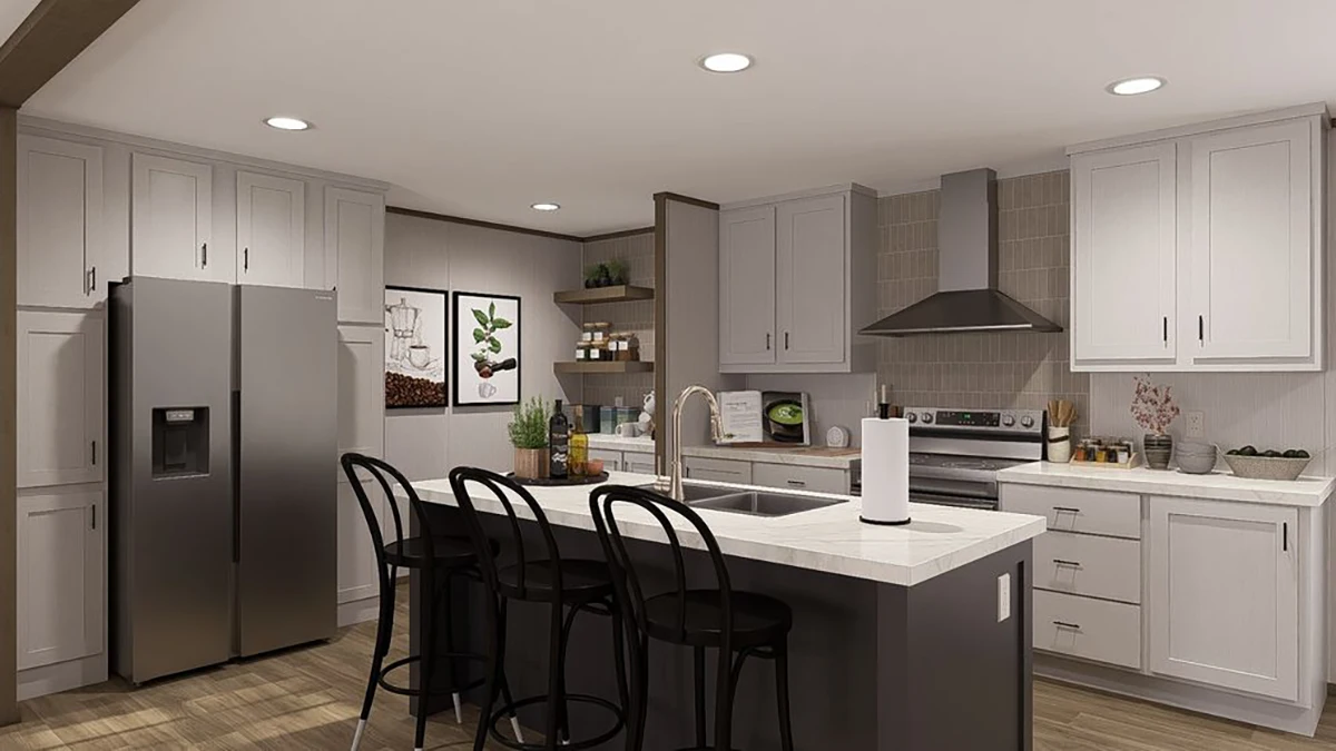 Modern kitchen with gray cabinets, stainless steel appliances, an island with three black bar stools, wall art, open shelves, and recessed lighting.
