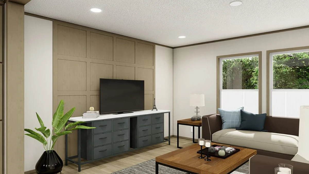 A modern living room with a TV on a cabinet, a beige accent wall, a sofa, a wooden coffee table, a potted plant, and two windows letting in natural light.