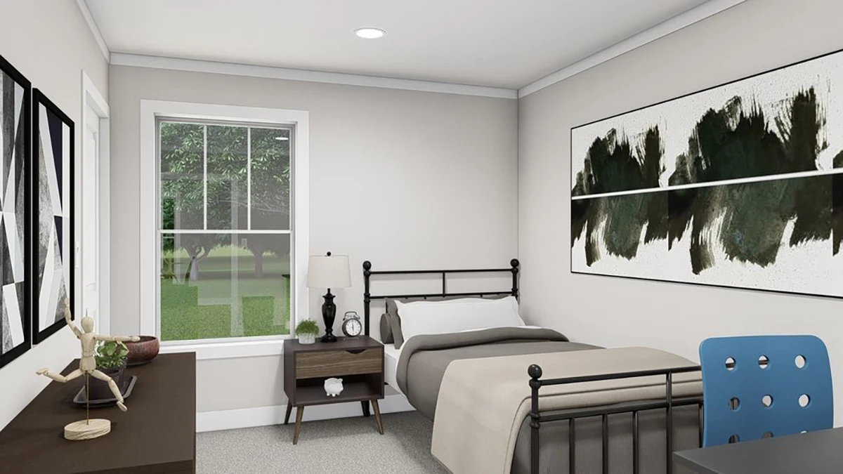 4a11ad7c-9a43-49bf-9bfc-76034d34a494 A small bedroom with a single bed, large abstract artwork on the wall, a window, a nightstand with a lamp, and a dresser with decorative items.