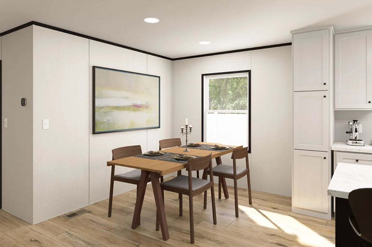 4b3a930b-2752-4460-b84a-355ddc897a1a A modern dining area with a wooden table set for four, neutral-colored walls, abstract artwork, and natural light coming through a window.