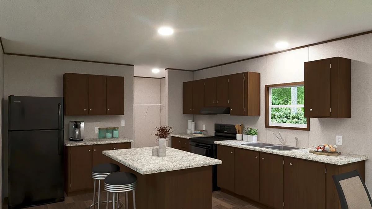 Modern kitchen with dark wood cabinets, granite countertops, a black refrigerator, stove, dishwasher, sink, small island with two stools, and a window above the sink.