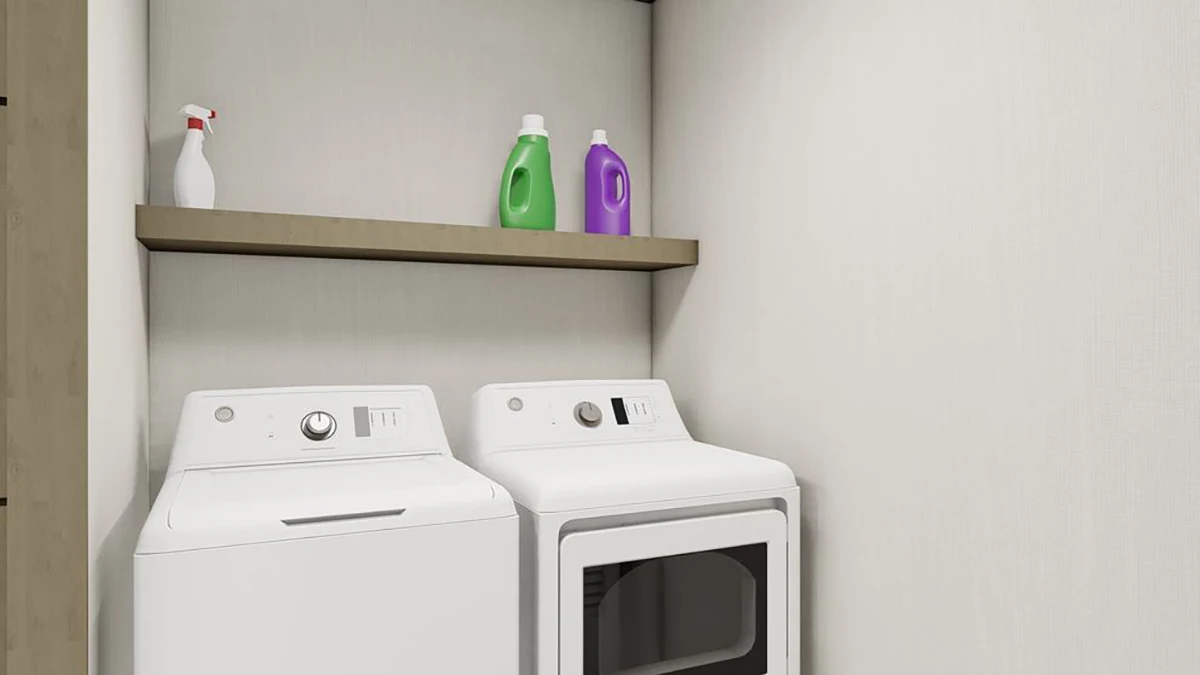 A laundry room with a white washing machine and dryer beneath a wooden shelf holding detergent bottles and a spray bottle.