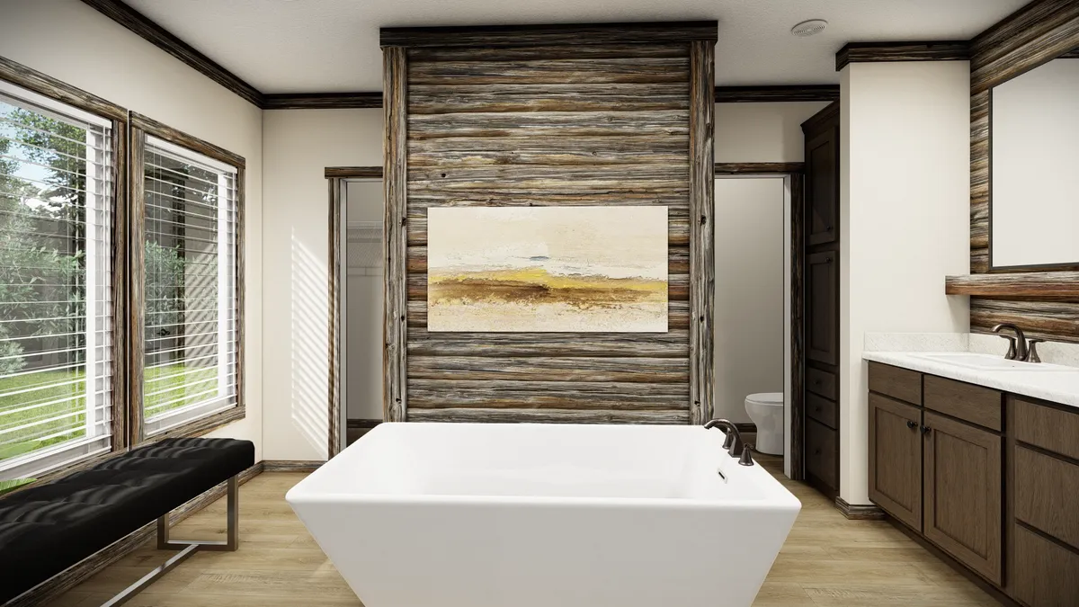 5302fa57-2aa4-46aa-9693-312dea0d1408 Modern bathroom with a freestanding white tub, wood-paneled accent wall, abstract art, large windows, dual sinks, and a black bench.
