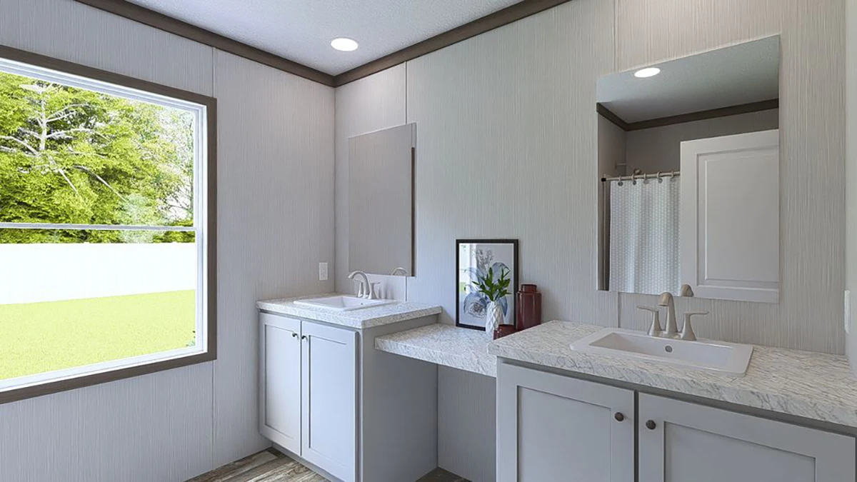 Modern bathroom with two sinks, a large window showing greenery outside, a countertop with decor, and a shower with a white curtain.