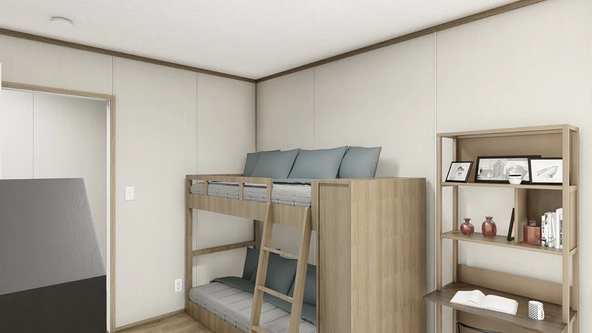 542e1ef8-aae1-40dc-8c4c-79815dd98ac9 A tidy bedroom with a wooden bunk bed, gray bedding, a bookshelf with books and decor, and light-colored walls.