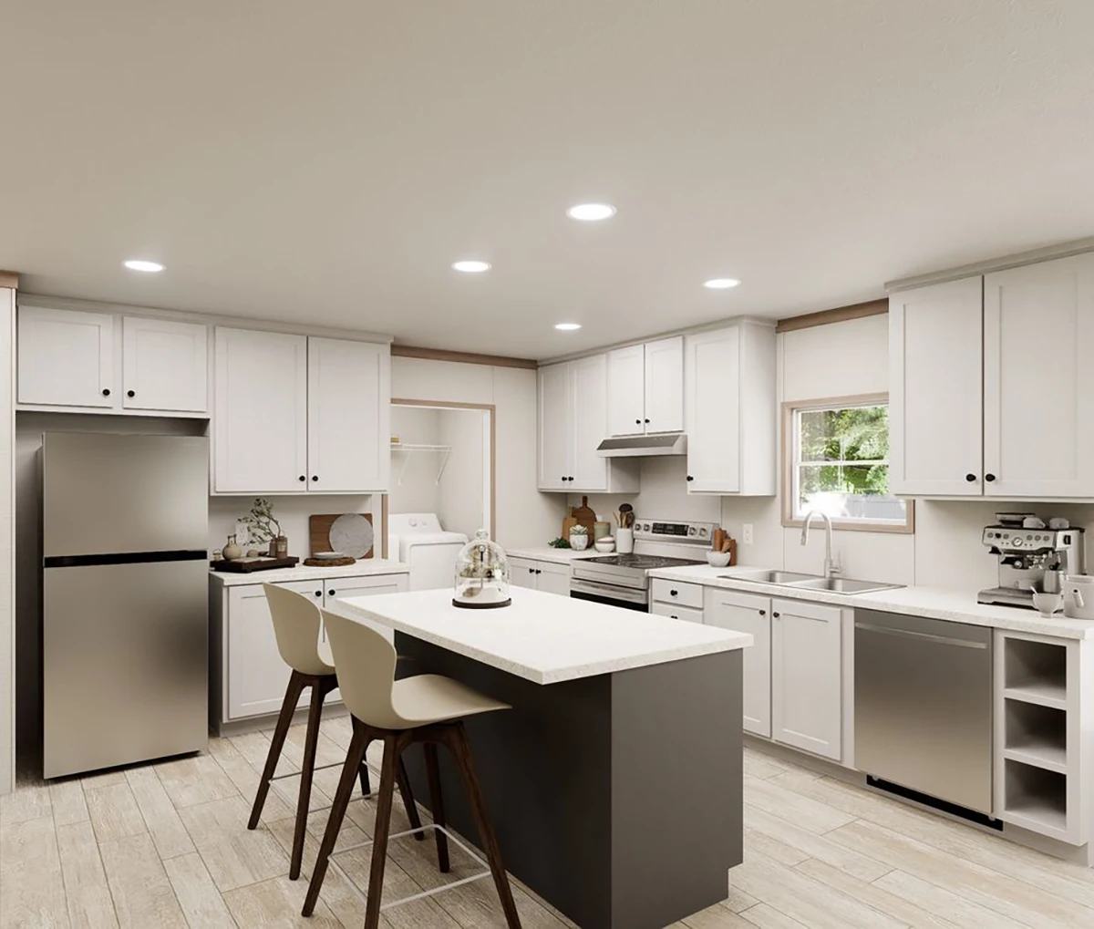Modern kitchen with white cabinets, stainless steel appliances, a central island with two chairs, and wood-look tile flooring under recessed ceiling lights.