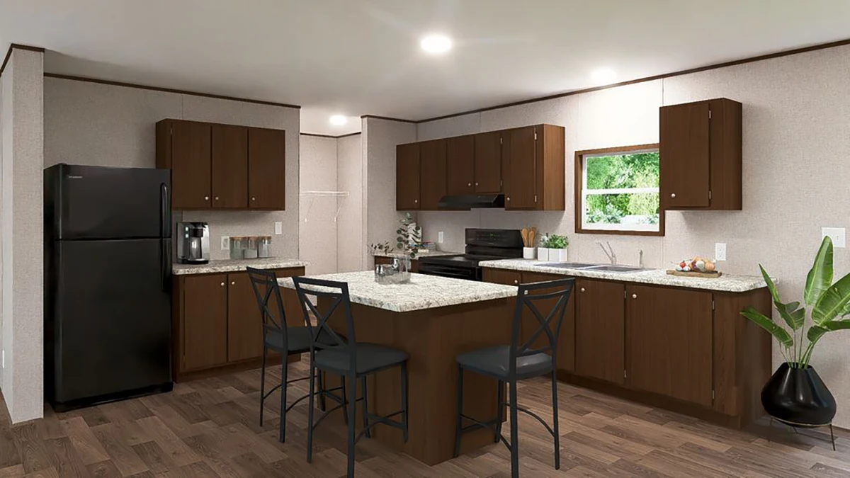 5728bfee-8aaf-4177-9b88-46cc7c203bec Modern kitchen with dark wood cabinets, granite countertops, black appliances, a center island with three chairs, wood flooring, and a potted plant by the window.