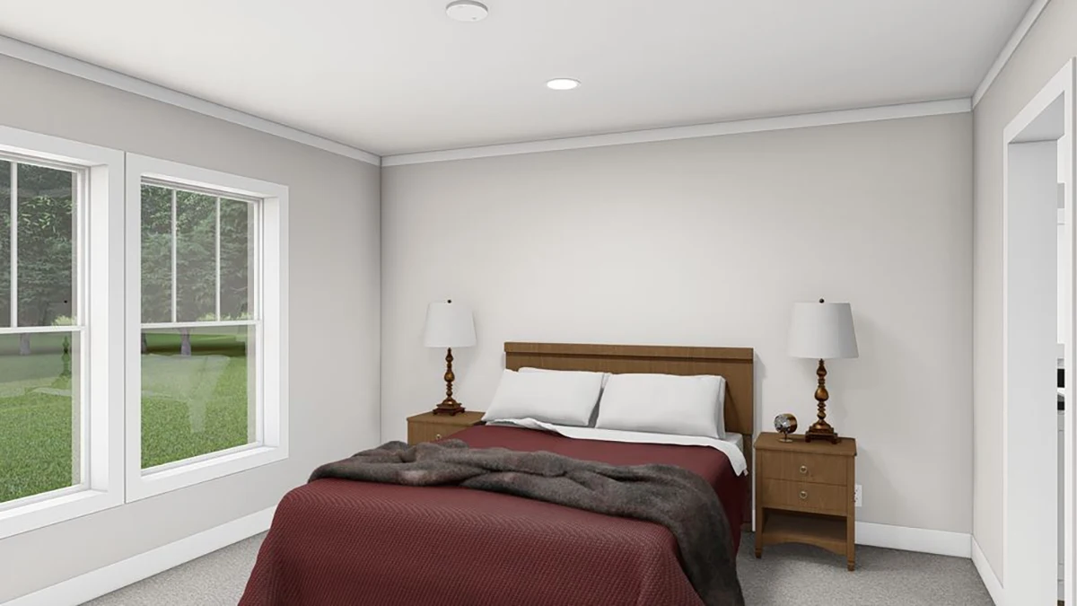 5858abf9-b40a-47a6-85b3-4bce2d6065de A bedroom with a double bed, burgundy bedding, two wooden nightstands with lamps, carpeted floor, and two large windows overlooking greenery.