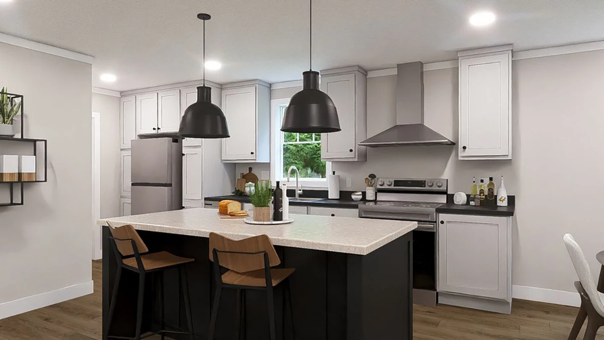 596fa158-8821-456d-b280-caa8e67e3b14 Modern kitchen with white cabinets, black island, two wooden bar stools, stainless steel appliances, and pendant lights above the island.
