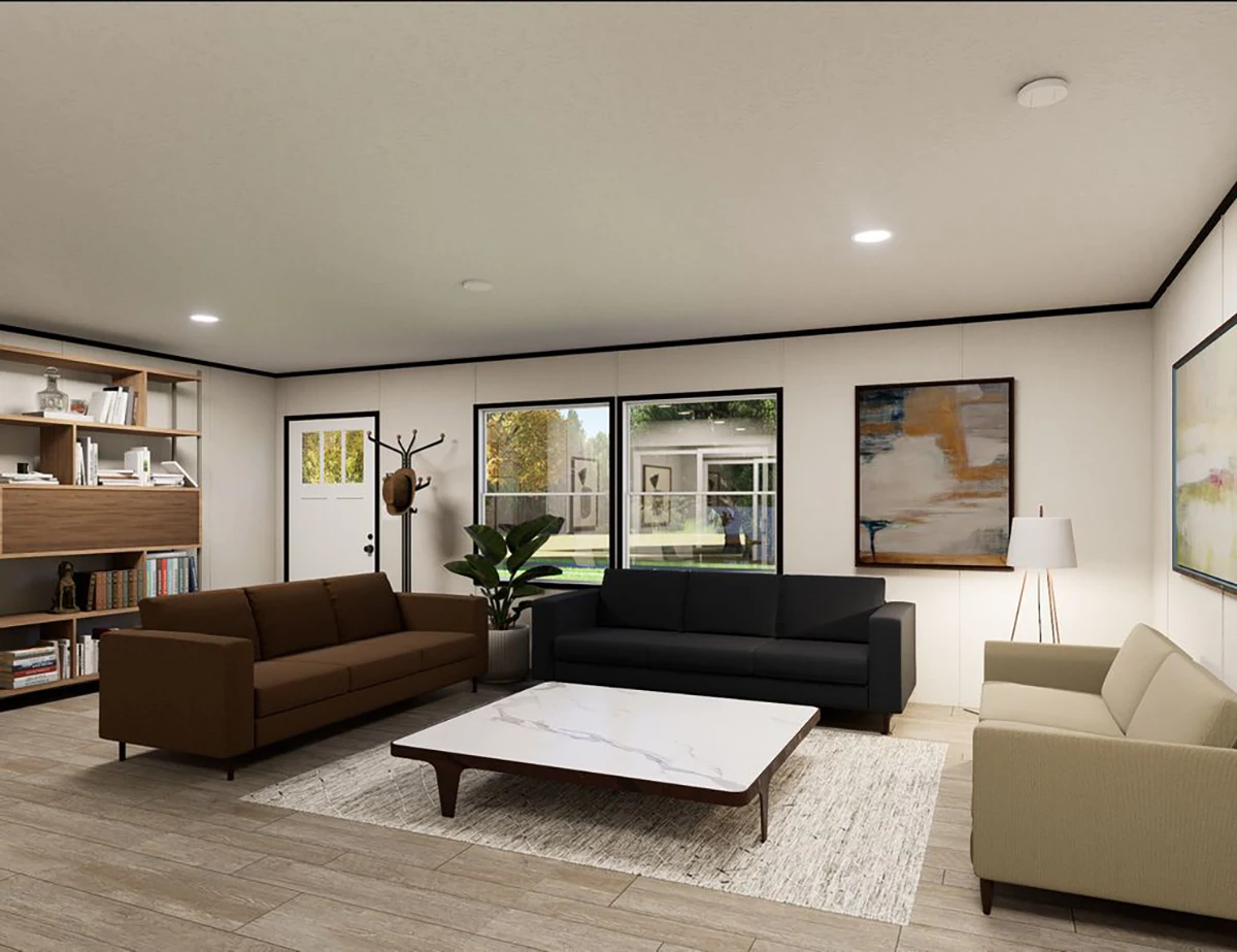 59bafc17-3934-4c31-867d-f384cf9f8002 Modern living room with three sofas, a marble coffee table, large windows, wall art, bookshelves, a floor lamp, and a potted plant on wooden flooring.