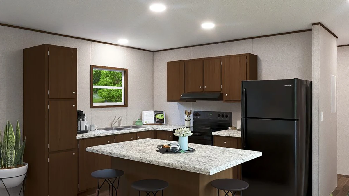 5e000df5-0a6c-48ae-b013-212071493380 Modern kitchen with brown cabinets, black appliances, a marble island with stools, a potted plant, and a window showing green trees.