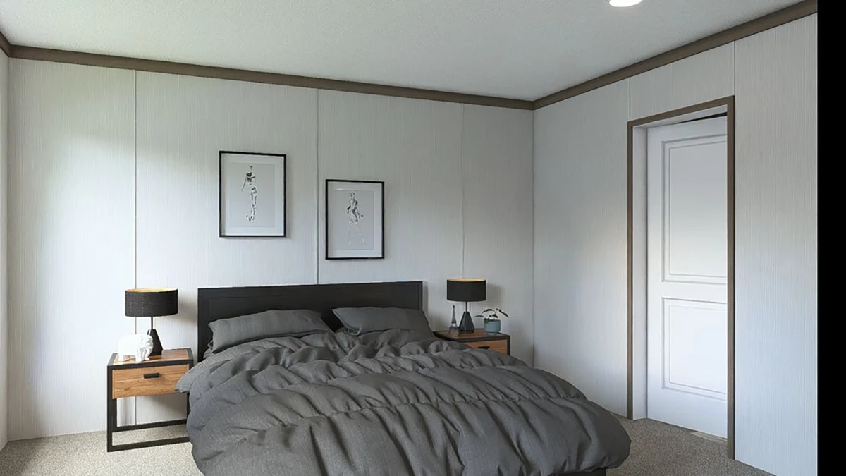 A modern bedroom with a double bed, two wooden nightstands, black lamps, minimal wall art above the headboard, and a closed white door.
