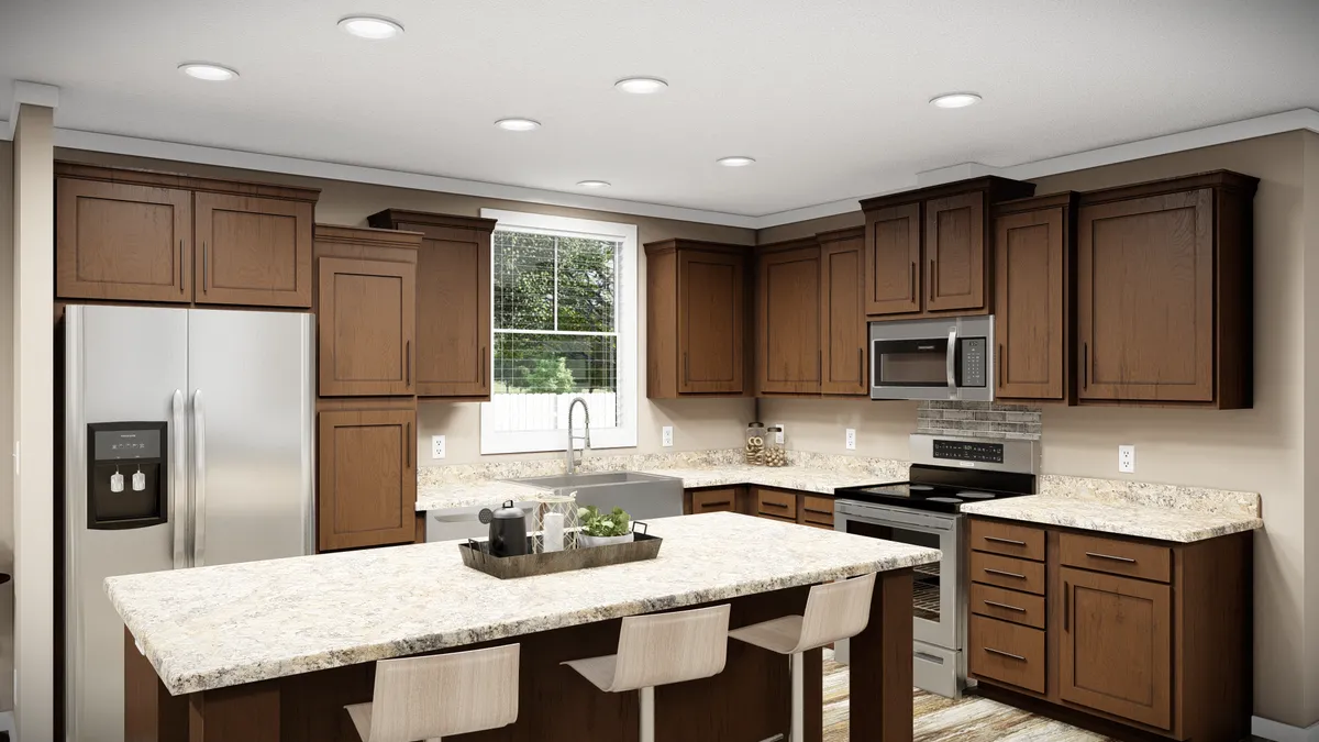 Modern kitchen with brown wooden cabinets, stainless steel appliances, a large island with bar stools, marble-style countertops, and a window above the sink.