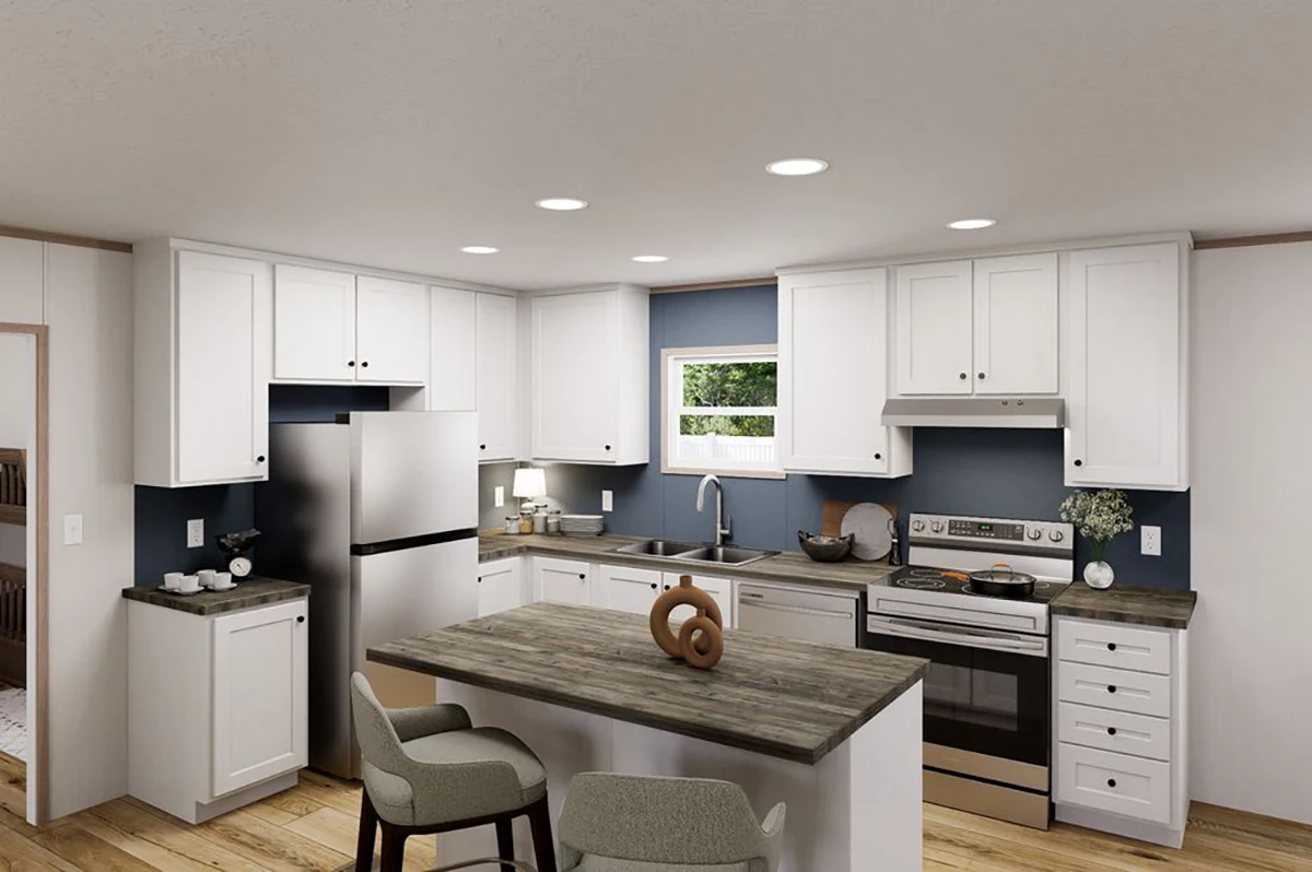 6692e7b2-7d24-4b1d-8d1c-745e9fbcbfe7 Modern kitchen with white cabinets, stainless steel appliances, a small island with seating, blue accent walls, and recessed ceiling lights. A window is above the sink.