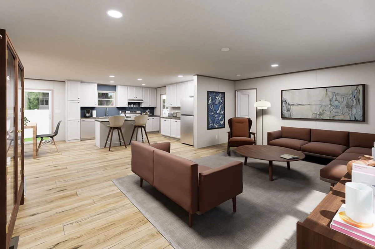 67a563e5-485a-4804-93c0-efe4e937cf5f Modern open-concept living room and kitchen with brown sofas, coffee table, dining area, and white cabinetry on wood flooring. Large windows provide natural light.