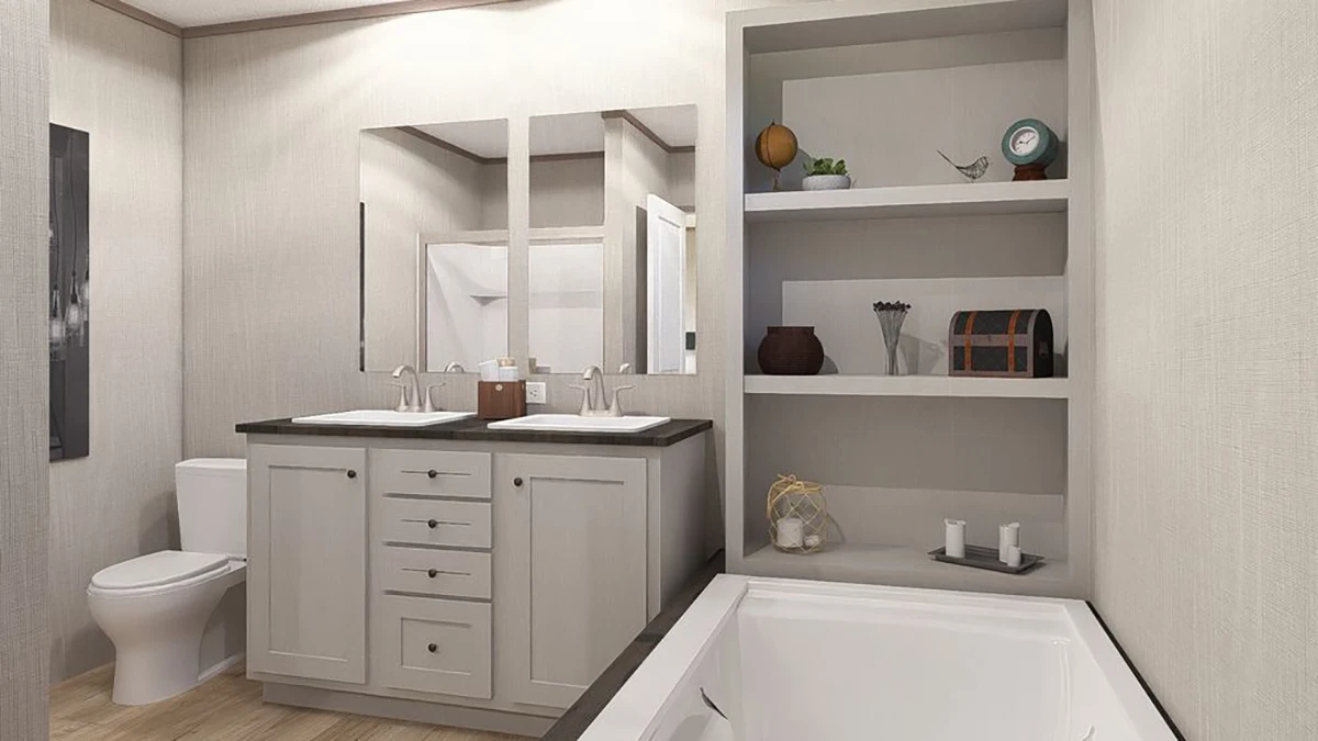 67b84509-c7a2-41b9-b6d3-b36847f626ff Modern bathroom with double sinks, a toilet, built-in shelves with decor items, and a white bathtub with clean lines and neutral-colored walls.