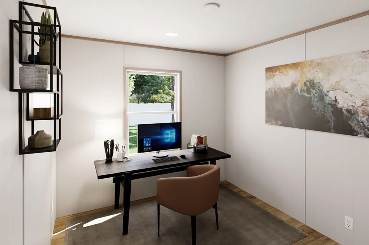 69439f4f-a898-49fa-9197-3033bf8716da A modern home office with a desk, computer, and brown chair, wall shelves with decor, a large abstract painting, and a window showing a green yard.