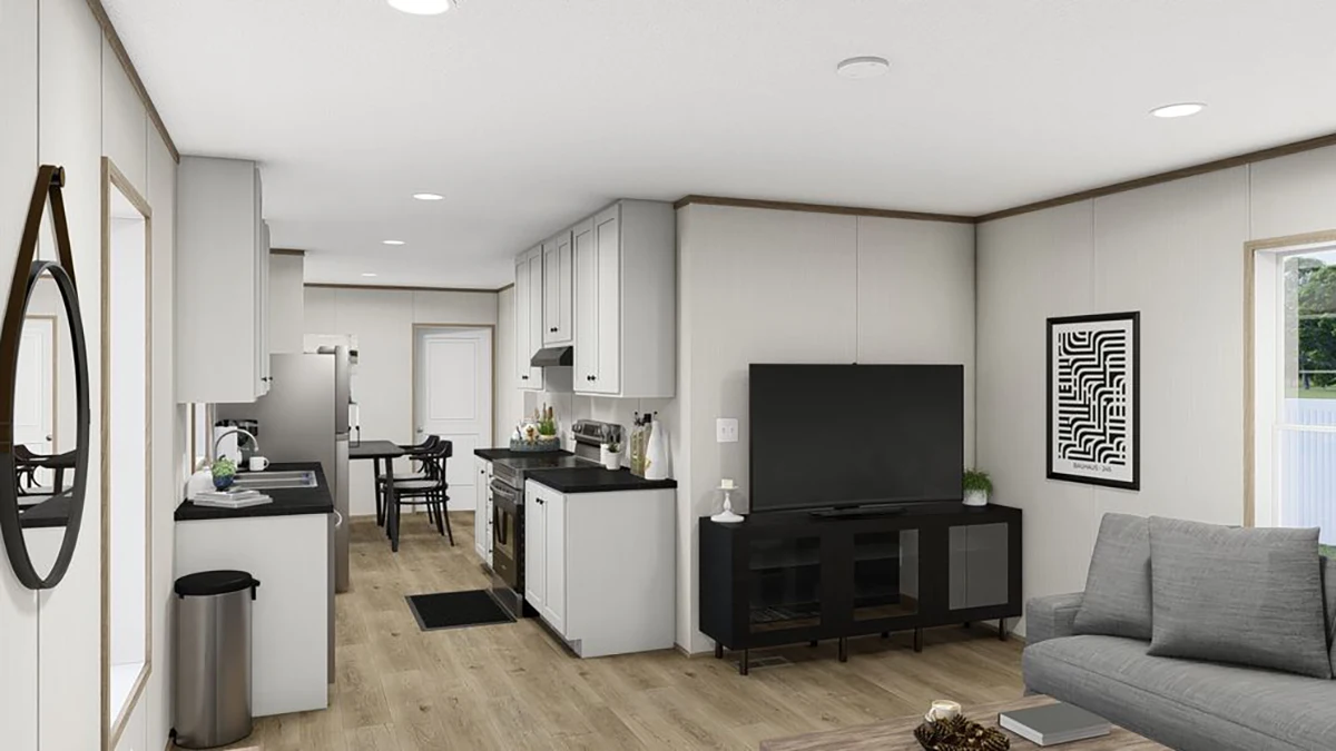 Open-plan living area with a modern kitchen on the left, a dining table at the back, a TV on a stand, a sofa, and a framed abstract artwork on the wall.