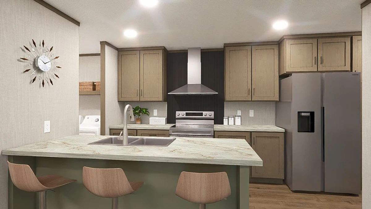 Modern kitchen with light wood cabinets, stainless steel appliances, a double sink on a marble island, three wooden bar stools, and a wall clock.