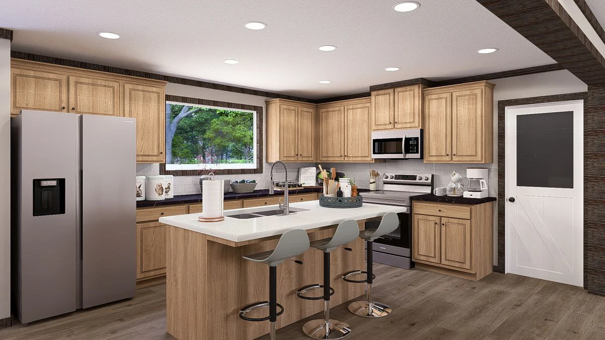 6a890078-2f0a-4b25-b730-28ea4d0a449f Modern kitchen with light wood cabinets, stainless steel appliances, a central island with two stools, and a window overlooking greenery.