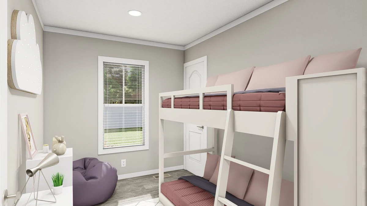 A small bedroom with a window, bunk beds with pink and mauve bedding, a bean bag chair, white shelves, and neutral-colored walls.