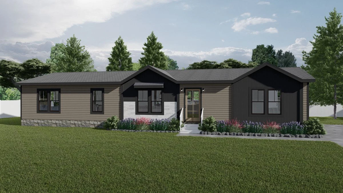 A modern single-story house with a gray roof, beige and dark siding, large windows, a small front porch, and landscaped plants in front.