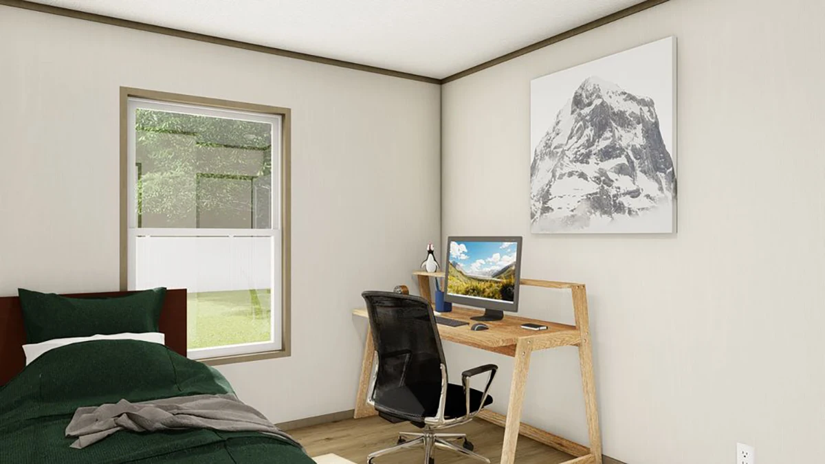 A tidy bedroom workspace with a bed, wooden desk, computer, black chair, window with outdoor view, and mountain artwork on the wall.