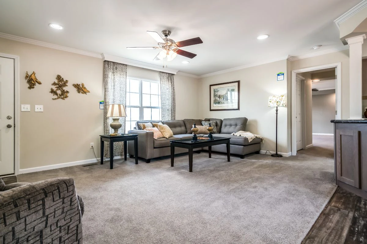 Living room with beige carpet, gray sectional sofa, coffee table, lamp, wall art, and a ceiling fan with lights. Large window with curtains lets in natural light.