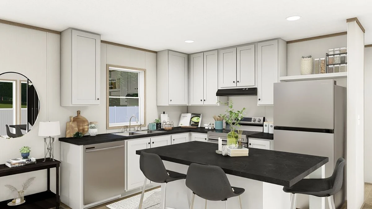 79026ef9-c759-47bf-99b3-48c1c95973ef Modern kitchen with white cabinets, black countertops, stainless steel appliances, a center island with three black chairs, and various small decorative items on surfaces.