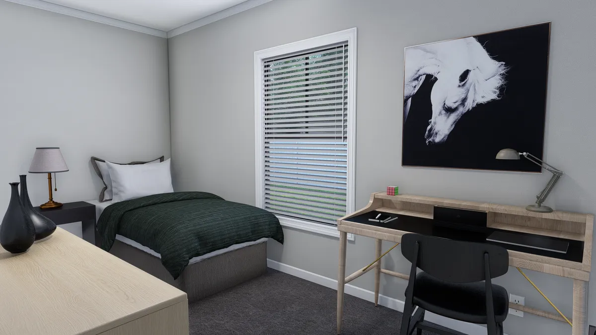 7a9b224a-fa46-40af-a2d4-68e095593356 A neatly arranged bedroom with a single bed, desk, chair, lamp, and a painting of a white horse above the desk. A window with blinds lets in natural light.