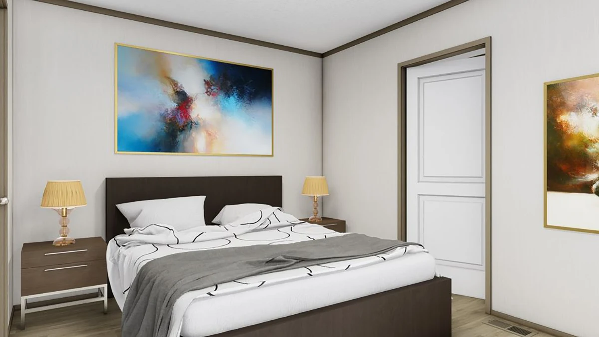 A modern bedroom with a double bed, two bedside tables with lamps, abstract artwork on the walls, and a closed white door.