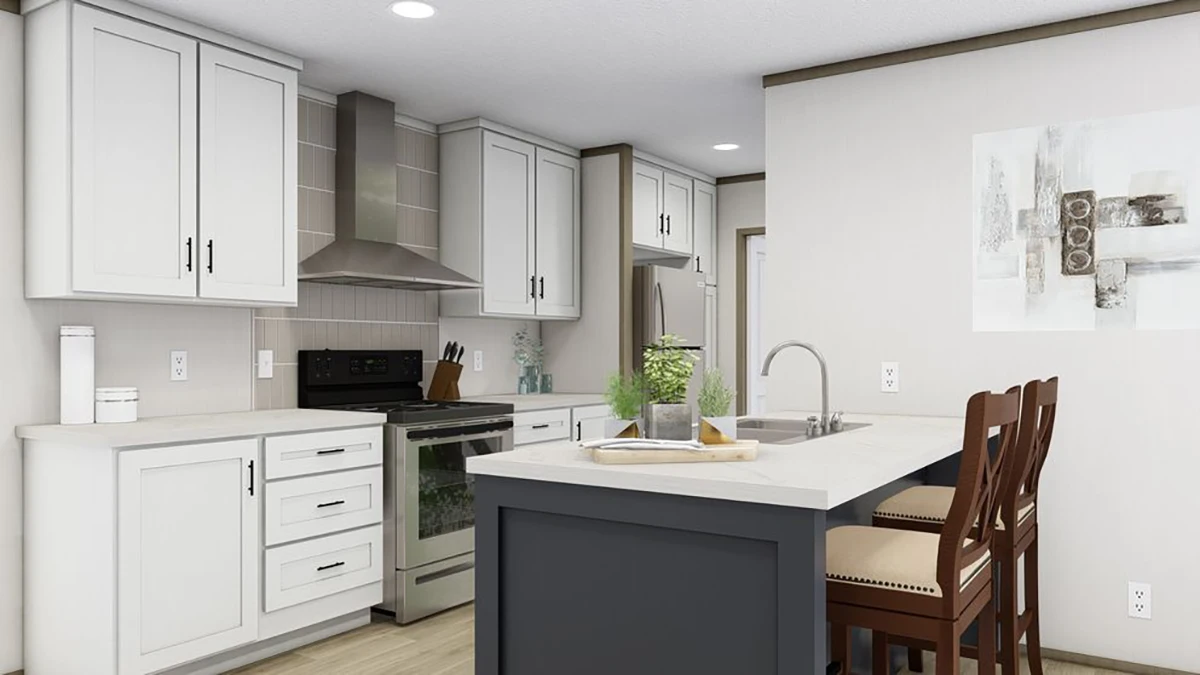 Modern kitchen with white cabinets, stainless steel appliances, a gray island with seating, and light wood flooring. A plant and decor are on the island; abstract art hangs on the wall.
