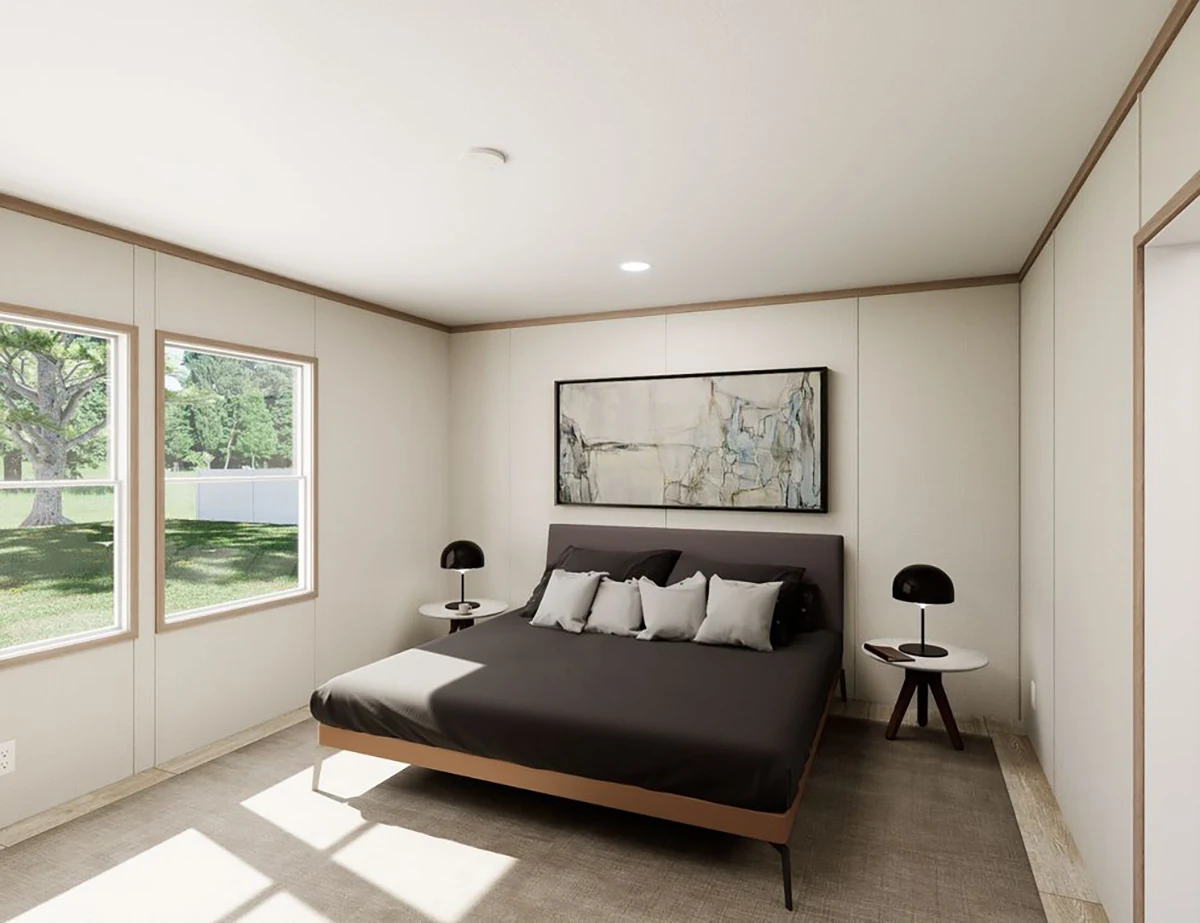 A modern bedroom with a double bed, black bedding, two round side tables with black lamps, large window, and abstract artwork on the wall.