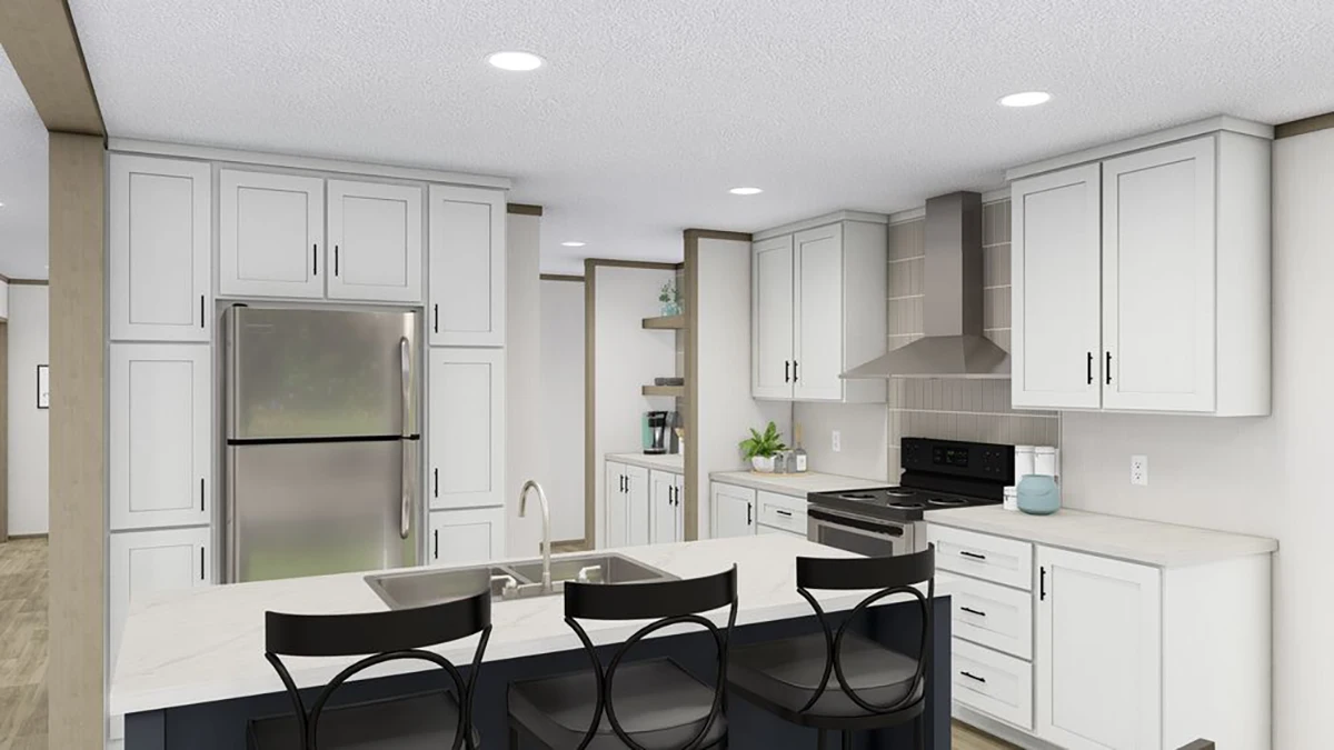 Modern kitchen with white cabinets, stainless steel appliances, a central island with sink and seating, and neutral-colored counters and backsplash.