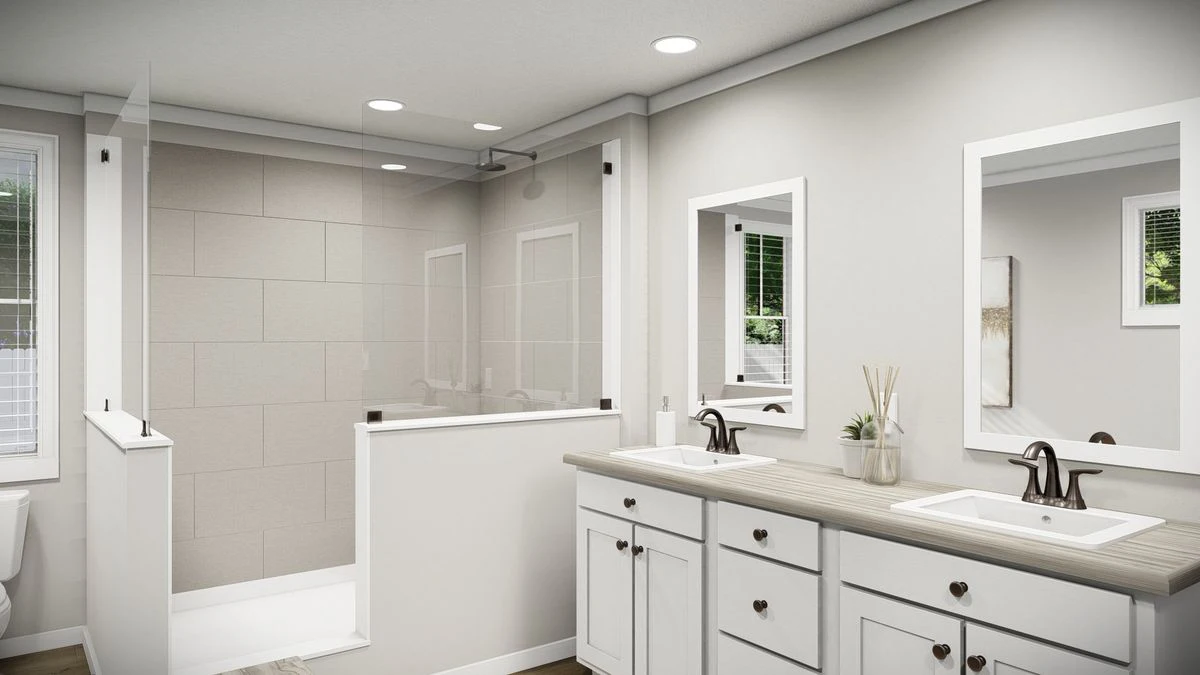 7ff5337e-9ed6-4697-8558-697267c2241f Modern bathroom with a double-sink vanity, two mirrors, light wood countertop, and a glass-enclosed walk-in shower. Neutral color palette with white cabinets and tiled walls.