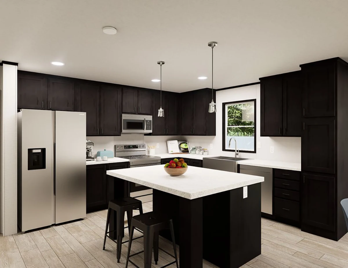 8039c129-7c29-450e-bb23-568ae5b5df07 Modern kitchen with dark cabinets, stainless steel appliances, white countertops, an island with stools, pendant lights, and a bowl of fruit on the island.