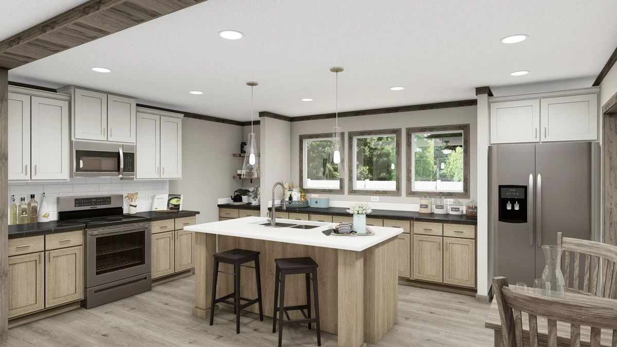 Modern kitchen with two-tone cabinetry, central island with stools, stainless steel appliances, large windows, and wood accents. The room is well-lit with recessed ceiling lights.