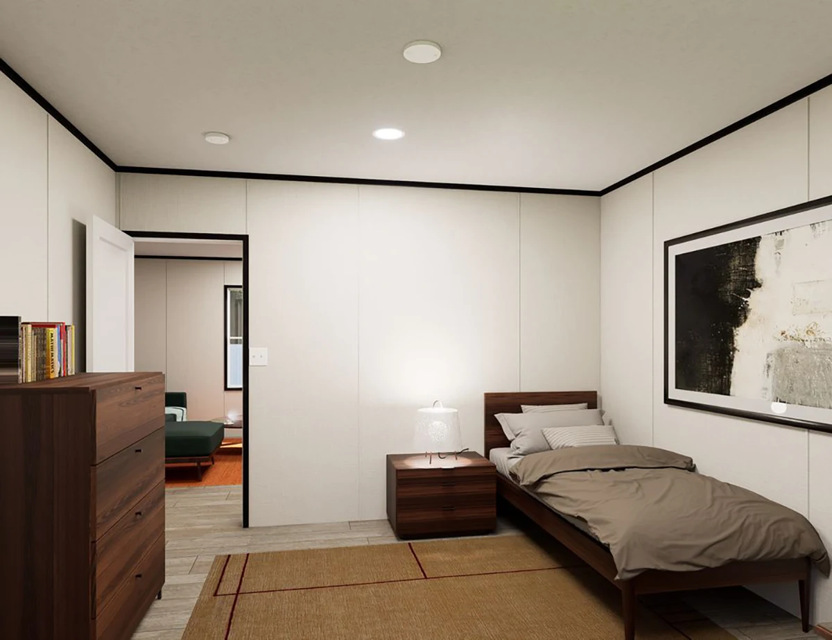 831ec07b-4d71-4e83-8976-b97a8d67d723 A simple bedroom with a single bed, nightstand, dresser, a large abstract painting, and a door open to an adjoining room with a green couch.