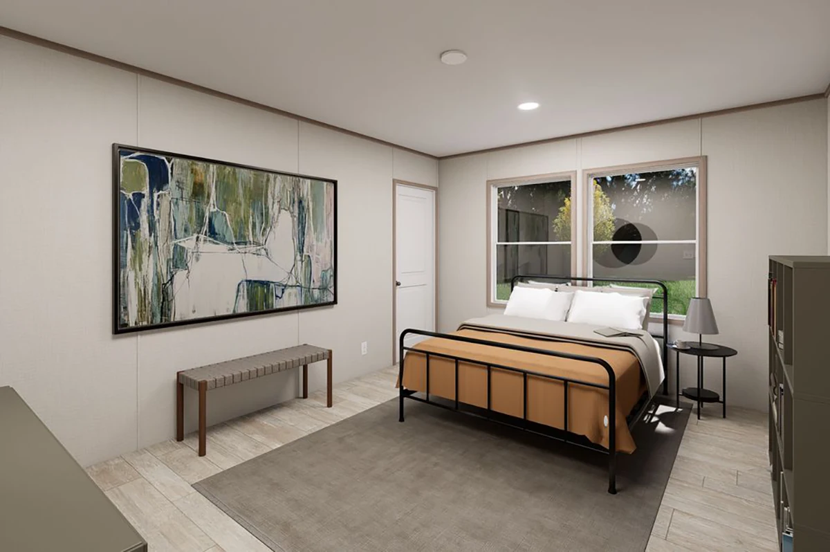 A modern bedroom with a bed, a bench, a nightstand with a lamp, a large abstract painting on the wall, two windows, and a gray rug on a light wood floor.