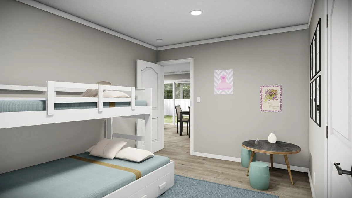 84d1687c-ab50-4e21-8f43-3529f1d37e8d A modern bedroom with a white bunk bed, a round table with stools, two wall posters, and an open door leading to a bright living area.