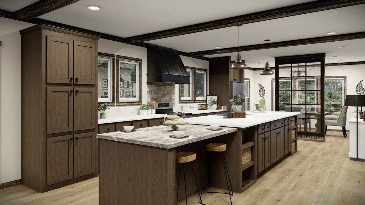 87e795f2-00c3-491e-8a4d-b48055d9b18b Modern kitchen with wood cabinets, a large island with seating, pendant lights, stainless steel appliances, and light wood flooring. Large windows provide natural light.