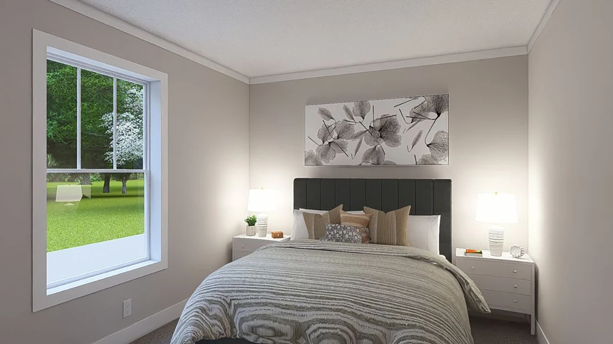 8a3fe820-803e-4d3b-8734-30228e862e33 A bed with striped bedding is centered between two white nightstands with lamps in a neutral-toned bedroom; a large window shows a green outdoor scene.