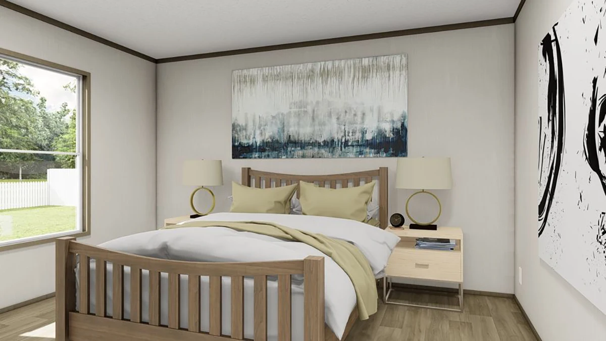 A modern bedroom with a wooden bed, two nightstands with lamps, abstract wall art, and a large window showing a view of greenery outside.