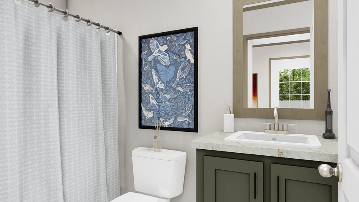 8f1c2660-61a7-4920-abaa-72d4b9b90a88 A bathroom with a white shower curtain, toilet, framed bird artwork, green vanity with sink, and a mirror above the counter.
