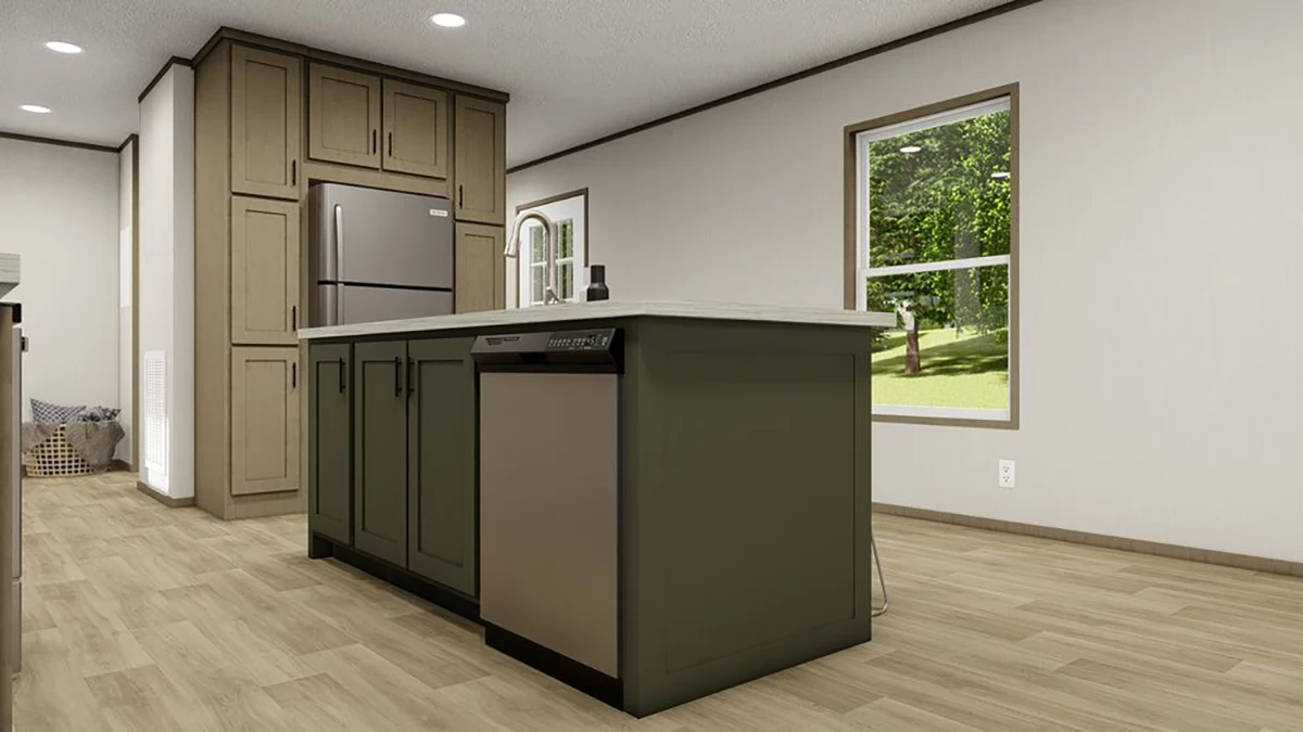 905b0aa1-b4f2-48c6-a62b-c0c4bb259554 A modern kitchen with a central island, stainless steel appliances, light wood flooring, and a large window overlooking greenery.