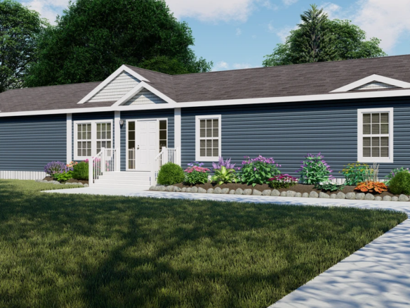 A single-story blue manufactured home with white trim, front steps, and landscaped garden beds, set on a grassy lawn with a concrete walkway.