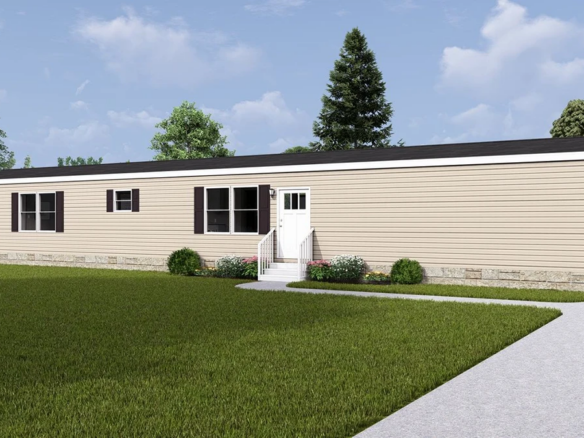A beige single-wide manufactured home with black shutters, a small front porch, and simple landscaping, set on a grassy yard with a concrete walkway.