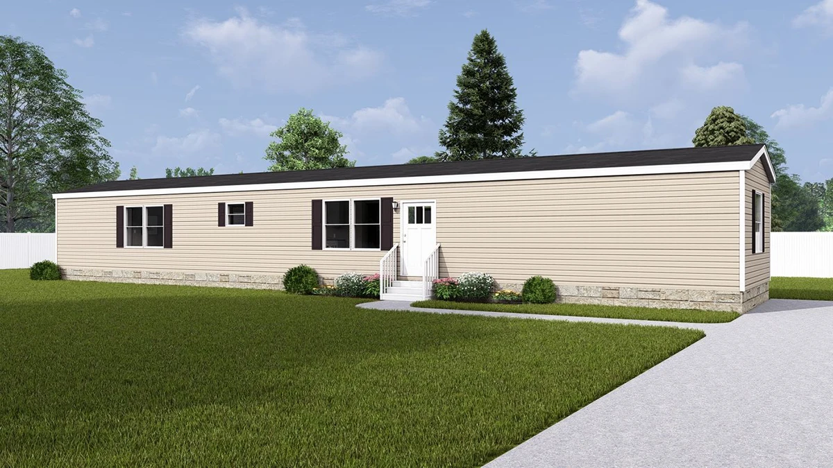 91e5fe2a-8b05-4024-898a-540900da9263 A beige single-wide manufactured home with black shutters, a small front porch, and simple landscaping, set on a grassy yard with a concrete walkway.